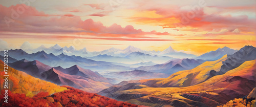 Autumn Mountain Range. A vast mountain range in autumn, with layers of hills receding into the distance. The foliage on the mountains is a mix of vibrant reds, oranges, and yellows
