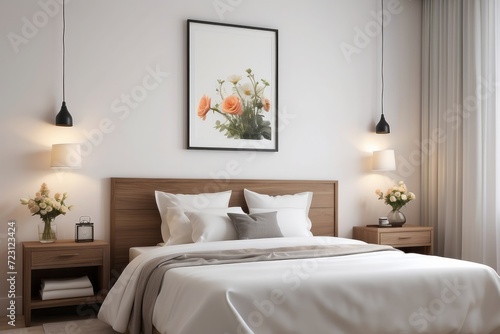 Bright and natural hotel room interior with single bed and wooden nightstand with flowers