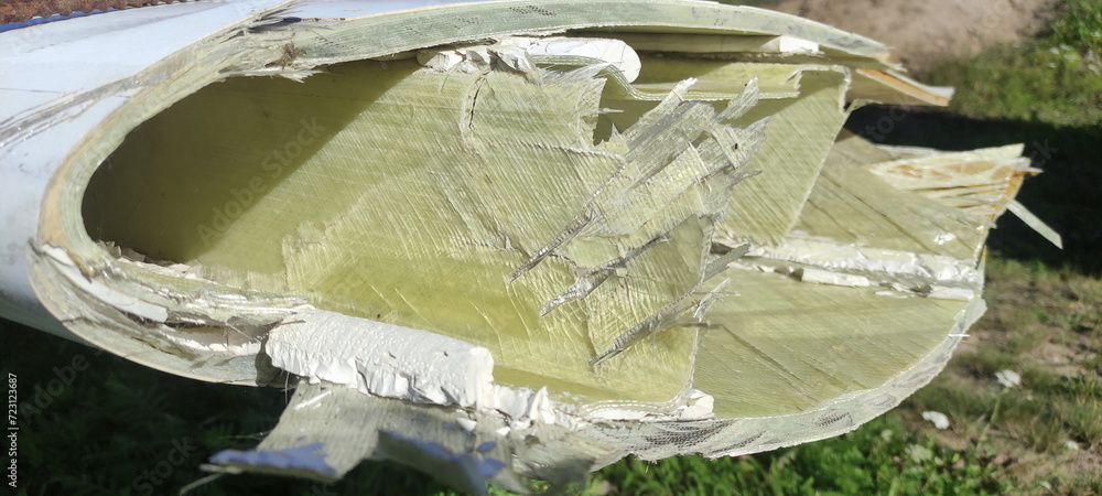 Broken wind turbine blade close up. Damage of the onshore wind power ...