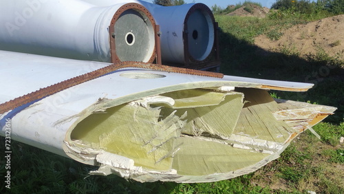 Destruction of the wind turbine blade of a wind farm. Damage to a wind power plant after a strong hurricane collision.