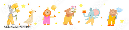 Vector collection, Birthday illustrations. Happy animals with flowers and balloons, Watercolor. Party funny character illustrations for greeting card, invitation, banner, poster, textile, baby shower
