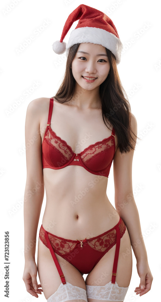 Woman Wearing Santa Hat and Lingerie in Festive Attire. Isolated on transparent background Woman Wearing Santa Hat and Lingerie in Festive Attire. Isolated on transparent background