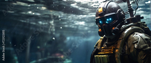 cyborg soldier fighting in underwater in ocean zone using weapon underwater, Conquer the Seas with Battleships, Warships, and Frigates in an Epic Battle of the Oceans