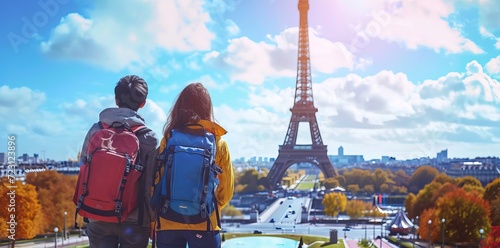 Couple of young people in Paris, with the Eiffel Tower in the background