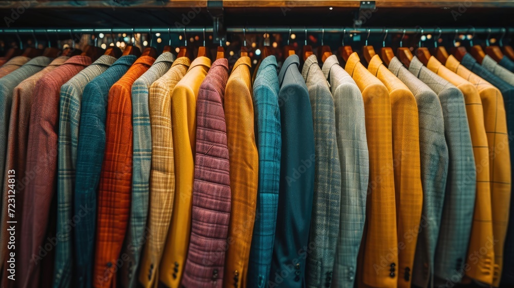 Many collections of complete male outfits neatly arranged in rows, different colors, different designs for male. Generative AI. Many collections of complete male outfits neatly arranged in rows, different colors, different designs for male. Generative AI.