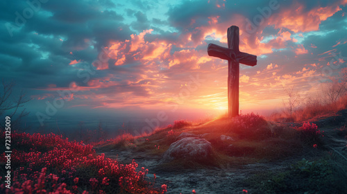Wooden cross on the top of the mountain with red flowers photo