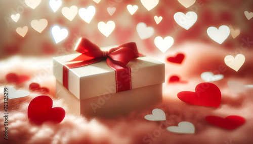 festive gift box with a bow decorative hearts on a background with bokeh  lights blurs in red tones