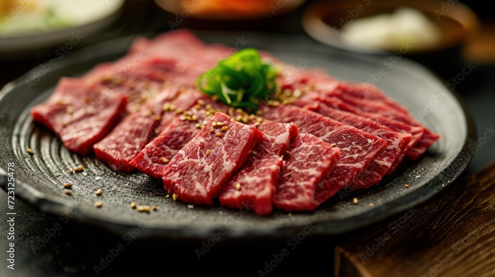 thinly sliced yakiniku marbled beef on a stone plate, ready to be grilled, banner, poster thinly sliced yakiniku marbled beef on a stone plate, ready to be grilled, banner, poster