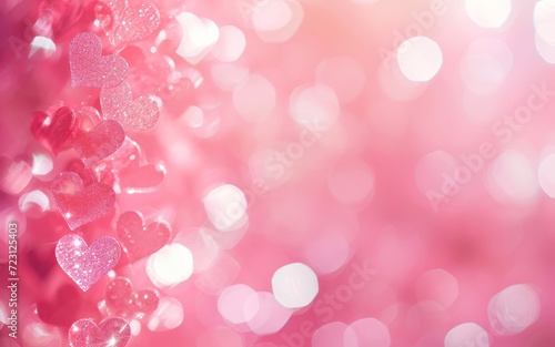 Vibrant pink background with glittering heart shaped bokeh lights. Sparkling hearts bokeh background. Good for Valentine's day card