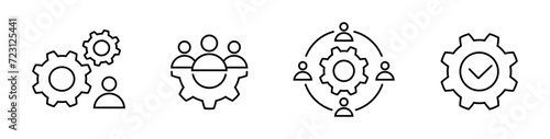 Work process and teamwork with brainstorming line icon set in flat. Success and man in process with cog icons. Meeting symbols on white background. Simple vector illustration for graphic design, web.