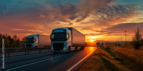 Truck driving on the asphalt road in rural landscape at sunset with dark clouds