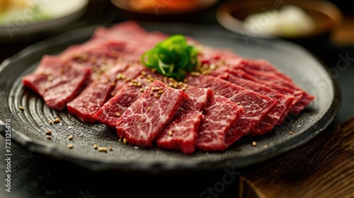 thinly sliced yakiniku marbled beef on a stone plate, ready to be grilled, banner, poster