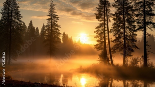 A foggy morning view of a pine tree forest with a rays of yellow sunrise. Beautiful landscape background wallpaper.