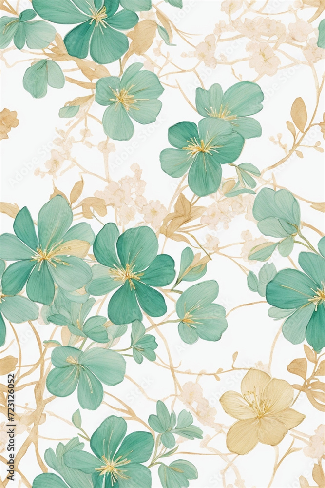 custom made wallpaper toronto digitalgreen flowers leaves and twigs pattern, white background, light green, gold leaves,  gold twigs