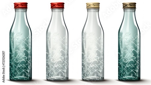 3D rendering design of transparent glass mineral water bottle packaging, label mockup. photo