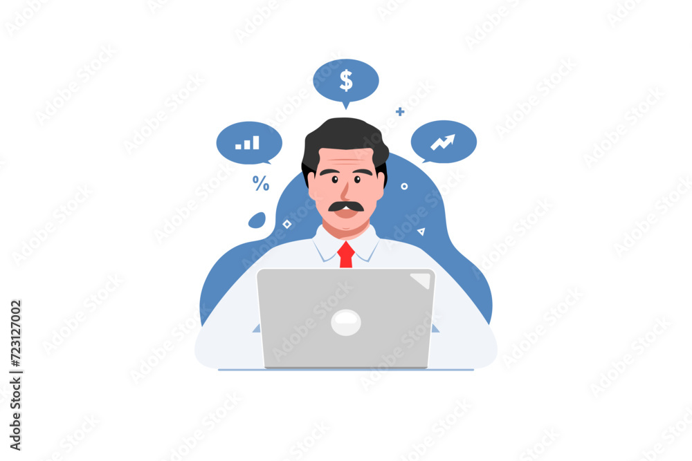 Businessman thinking planning to budget, Businessman typing with laptop on isolated background, Digital marketing illustration.