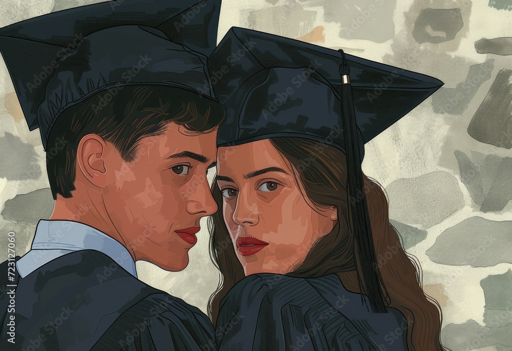 Obraz premium The illustration captures a heartwarming moment between a proud graduate and a supportive family member. The graduate, dressed in a black gown and mortarboard with a tassel, clutches a diploma. Ai gen