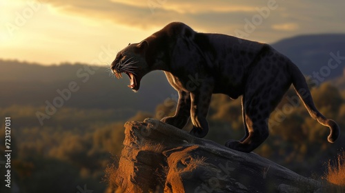 Big panther roaring on the cliff.