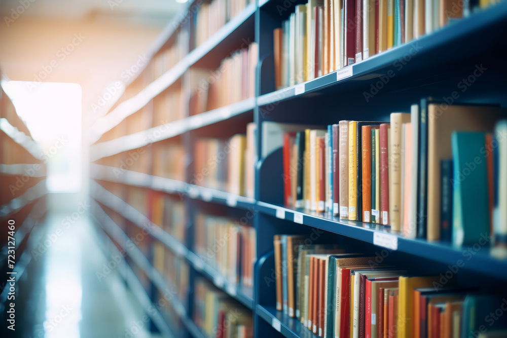 Library shelves with many books stretching into distance towards the light. Education, knowledge and learning concept. Library shelves with many books stretching into distance towards the light. Education, knowledge and learning concept.