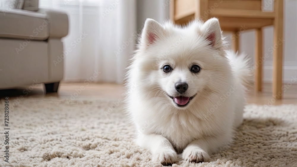 White german spitz dog in the living room White german spitz dog in the living room
