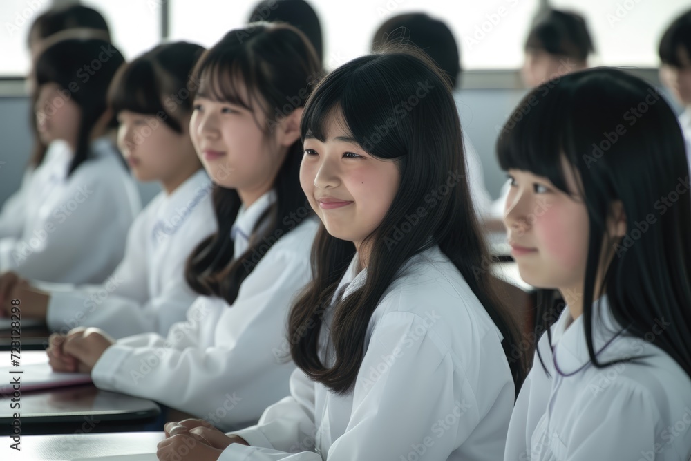 A cheerful scene unfolds in a bright classroom with students wearing traditional Japanese school uniforms. The focus is on a smiling girl with a red bow tie, Ai generated A cheerful scene unfolds in a bright classroom with students wearing traditional Japanese school uniforms. The focus is on a smiling girl with a red bow tie, Ai generated