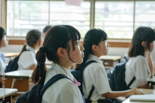 A cheerful scene unfolds in a bright classroom with students wearing traditional Japanese school uniforms. The focus is on a smiling girl with a red bow tie, Ai generated