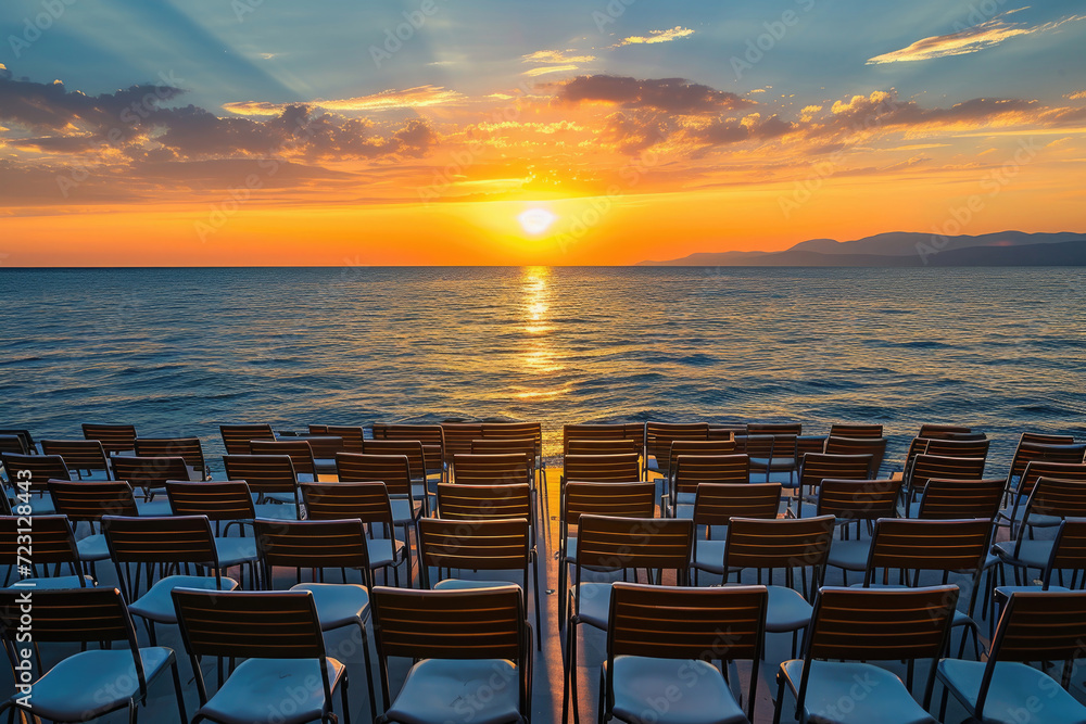 A tranquil scene with chairs arranged neatly in front of the sea