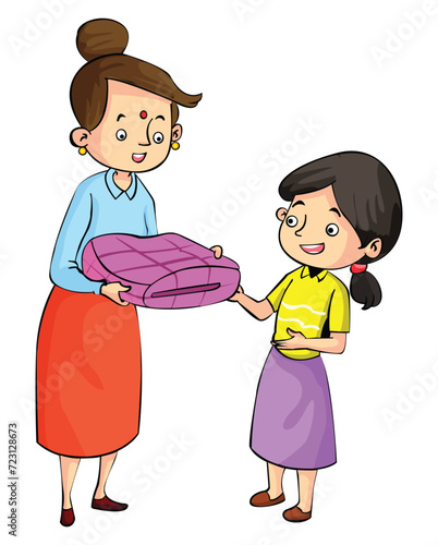 A mother and daughter talking happily, mother giving quilt to daughter