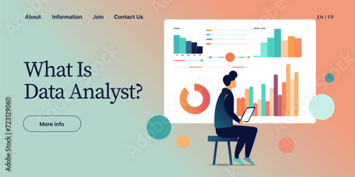 Female data analyst vector illustration in flat design. Analysis or analytics of statistics. Woman working on research or report. Specialist in front of crm platform dashboard