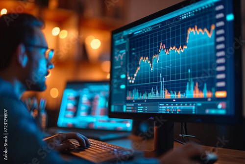 Trader Analyzing Stock Market Data on Multiple Computer Screens