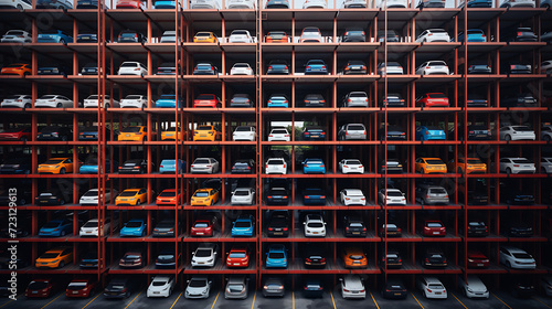
The car park is a model of organization, with vehicles neatly arranged in rows, each positioned with precision to maximize available space.