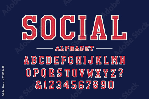 Classic college font. Vintage sport serif font in american style for football, soccer, baseball and basketball. Alphabet and numbers with outline in varsity style