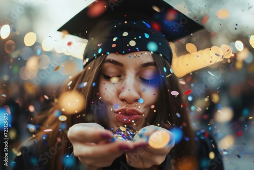 The image depicts a jubilant moment of achievement, with a young woman in graduation attire, blowing confetti from her hands. The setting is outdoors, indicated by the architecture and palm trees in t photo