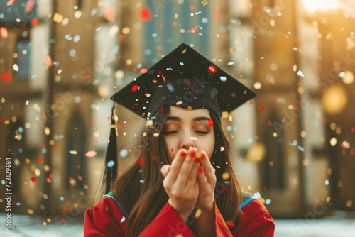 The image depicts a jubilant moment of achievement, with a young woman in graduation attire, blowing confetti from her hands. The setting is outdoors, indicated by the architecture and palm trees in t