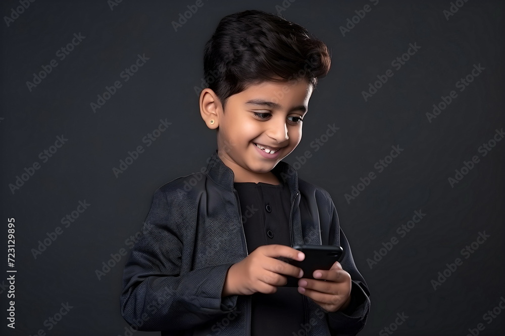 indian child boy browsing on mobile phone isolated on black background indian child boy browsing on mobile phone isolated on black background