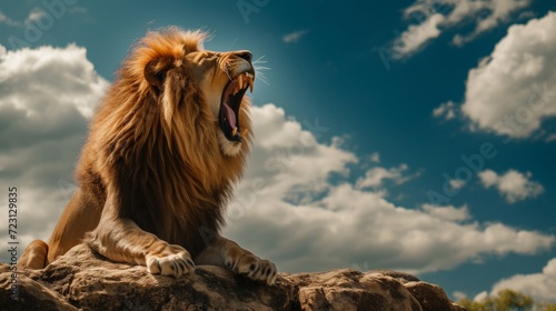 Lion roaring on the cliff.