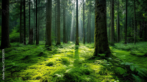 Towering green trees and small plants, sunlight filtering through. Mystical and serene atmosphere. © Oranuch