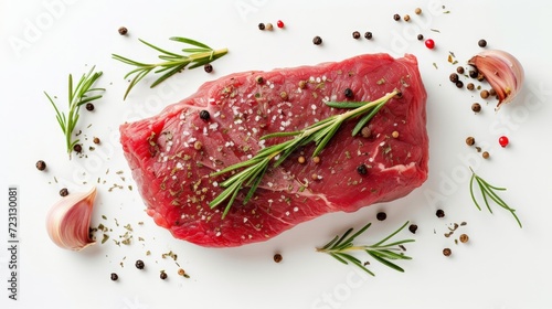 Raw beef steak with rosemary and peppercorns on white background