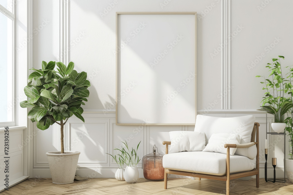 Frame mockup with ISO A paper size, showcasing a living room wall poster mockup against a modern interior design background, presented in a 3D render. Frame mockup with ISO A paper size, showcasing a living room wall poster mockup against a modern interior design background, presented in a 3D render.