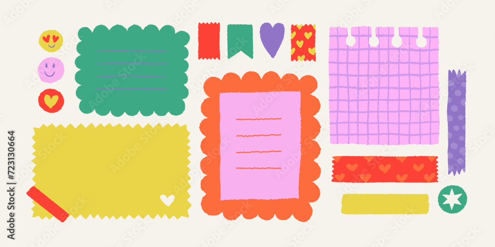 Paper valentine memo notes on stickers. Vector vintage sticky notes and pages with torn edges