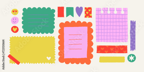 Paper valentine memo notes on stickers. Vector vintage sticky notes and pages with torn edges photo