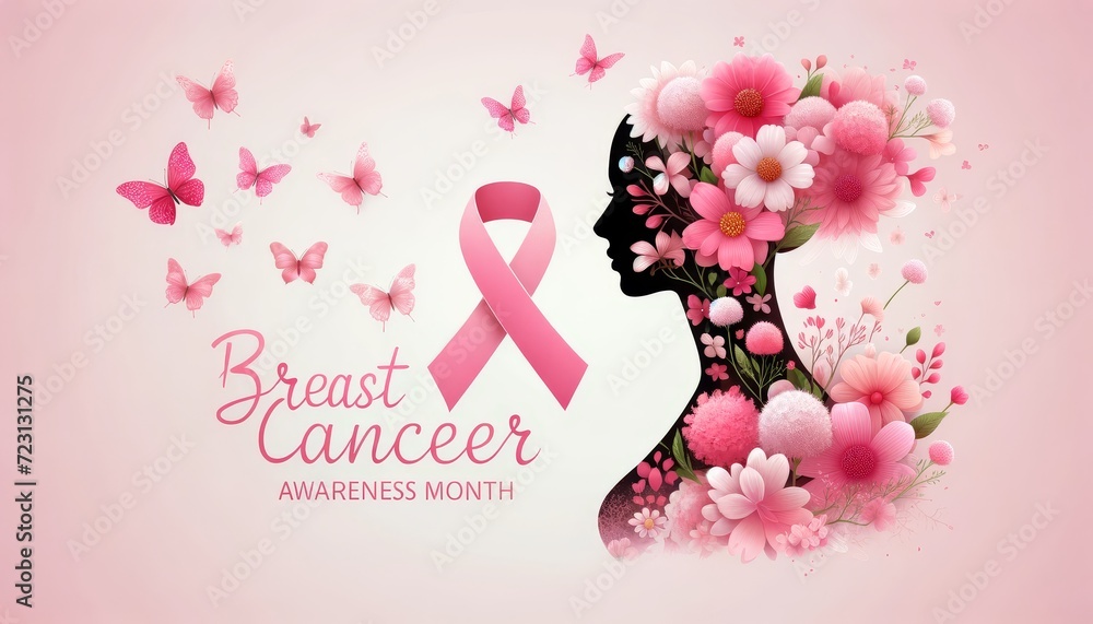 Spring Love Blooms on Beautiful Pink Flower Background with woman silhouette, Perfect for Cancer Day Campaign Design Spring Love Blooms on Beautiful Pink Flower Background with woman silhouette, Perfect for Cancer Day Campaign Design