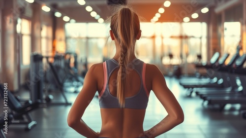 Woman exercising in a gym with a clean, bright and cozy background, warm tones. Generative AI.