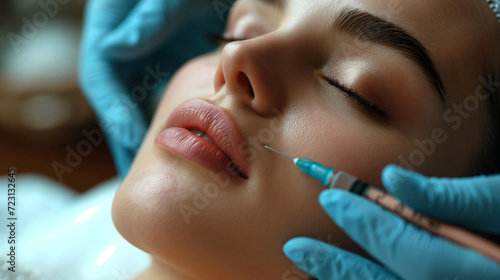 Plastic Surgery. Closeup Of Doctor Hands Doing Beauty Hyaluronic Lip Injection For Sexy Girl Lips. Portrait Of Beautiful Young Woman Getting Cosmetic Treatment Indoors. Skin Procedure. 