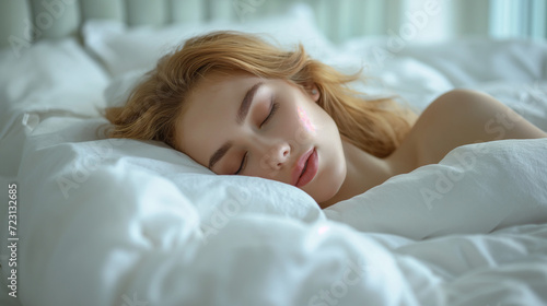 young caucasian woman with blonde hair sleeping while lying in bed on white pillow. A beautiful girl is sleeping on a bed in her bedroom at home in the early morning. Concept of recreation and healthy