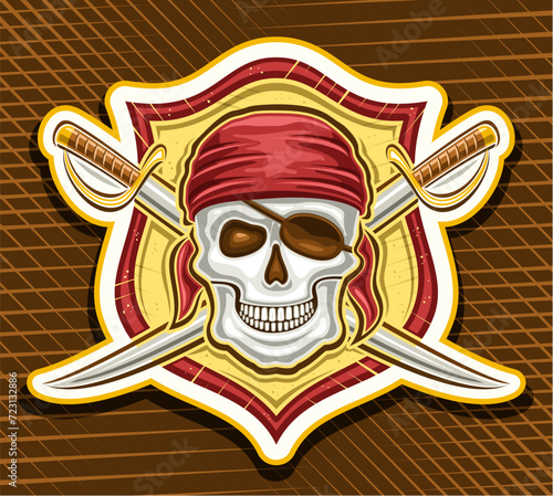 Vector logo for Pirate Skull, decorative label with illustration of wicked smiling pirate skull in red bandana and crossed swords for e-sport team, mascot for children pirate party on brown background