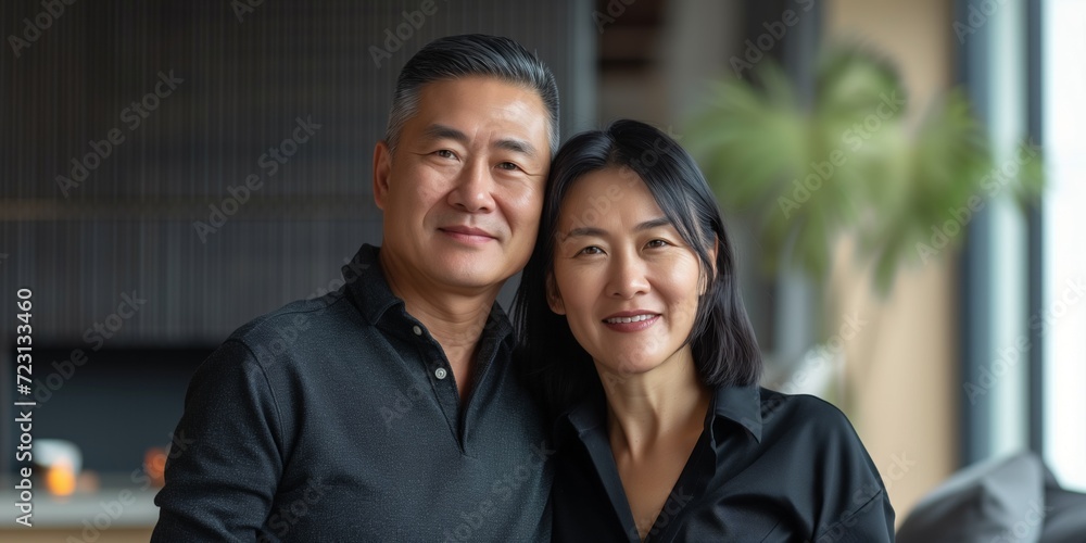 Portrait happy Asian couple smiling at the camera Portrait happy Asian couple smiling at the camera