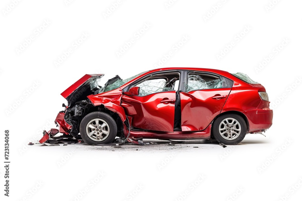 Naklejka premium Severe Automobile Collision With Major Damage to a Red Car Isolated on White