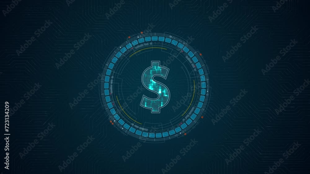 Motion graphic of Blue digital money logo with HUD UI circle technology interface and futuristic elements on circuit board abstract background crypto currency finance and digital money concepts Motion graphic of Blue digital money logo with HUD UI circle technology interface and futuristic elements on circuit board abstract background crypto currency finance and digital money concepts