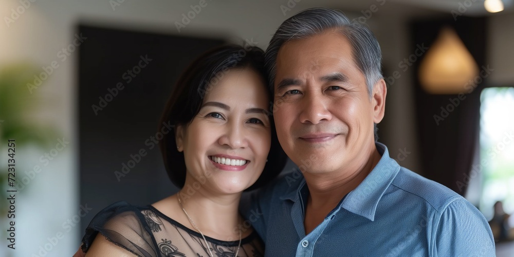 Portrait happy Asian couple smiling at the camera Portrait happy Asian couple smiling at the camera